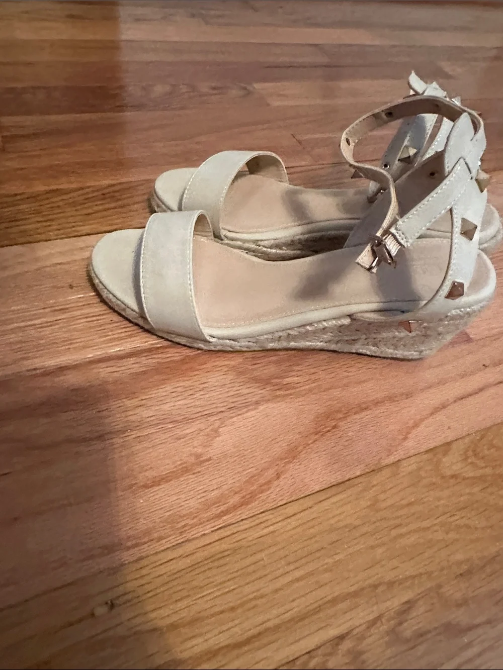 Catherine Malandrino Beige Studded Ankle-Strap Wedge Espadrilles